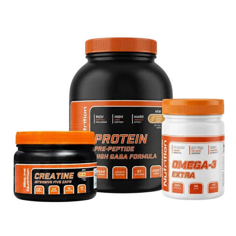 Комплект: Протеин High Gaba 2 кг Банка + Омега-3 120 Капсул + Креатин 150 Капсул Bioline Nutrition