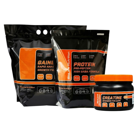 Комплект: Протеин 2 кг + Гейнер 3 кг + Креатин 150 капсул Bioline Nutrition