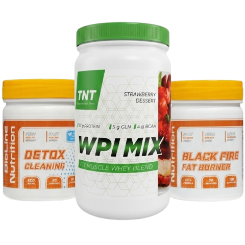 Комплект: Изолят WPI MIX Fit Muscle 0,9 кг TNT + Жиросжигатель Black Fire + Очищение Detox Bioline