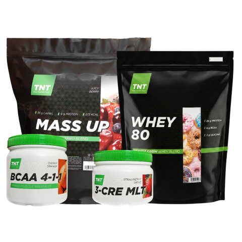Комплект: Протеин 2 кг + Гейнер 2,5 кг + BCAA 0,5 кг + Креатин 0,3 кг TNT Nutrition