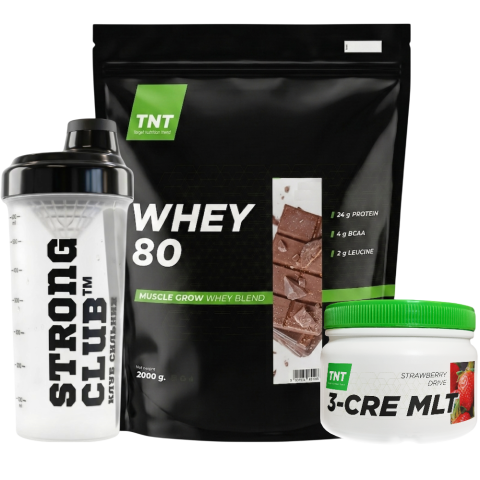 Комплект: Протеин Whey 80 2 кг + Креатин 0,3 кг + Шейкер TNT Nutrition