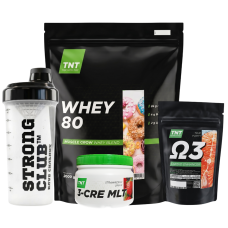 Комплект: Протеин Whey 80 2 кг + Креатин 0,3 кг + Омега-3 + Шейкер TNT Nutrition