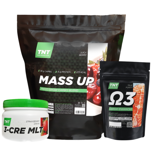 Комплект: Гейнер Mass Up 2,5 кг + Креатин 0,3 кг + Омега-3 TNT Nutrition