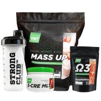 Комплект: Гейнер Mass Up 2,5 кг + Креатин 0,3 кг + Омега-3 + Шейкер TNT Nutrition