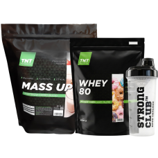 Комплект: Протеин Whey 80 2 кг + Гейнер Mass Up 2,5 кг + Шейкер TNT Nutrition