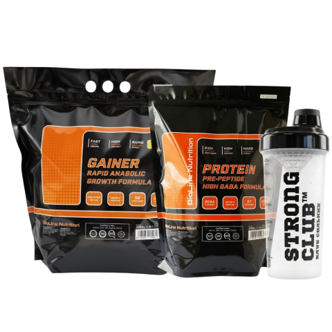 Комплект: Протеин High Gaba 2 кг + Гейнер Rapid Anabolic 3 кг + Шейкер Bioline Nutrition
