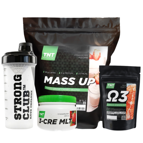 Комплект: Гейнер Mass Up 2,5 кг + Креатин 0,3 кг + Омега-3 + Шейкер TNT Nutrition